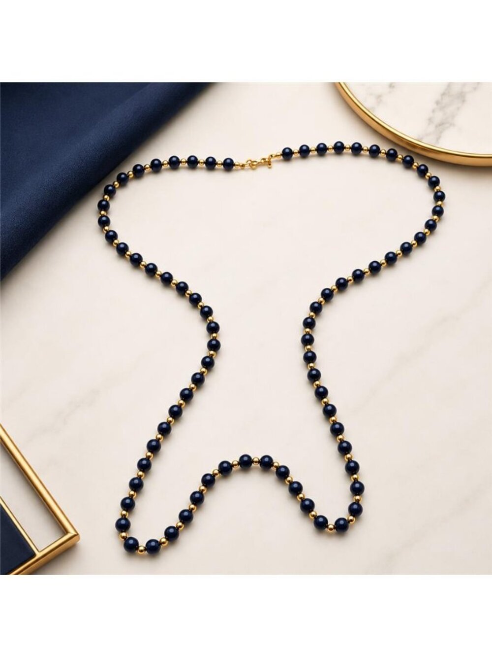 Vintage Monet Navy Blue Lucite Ball Bead Necklace Gold Tone 27 In Classic - Picture 1 of 8
